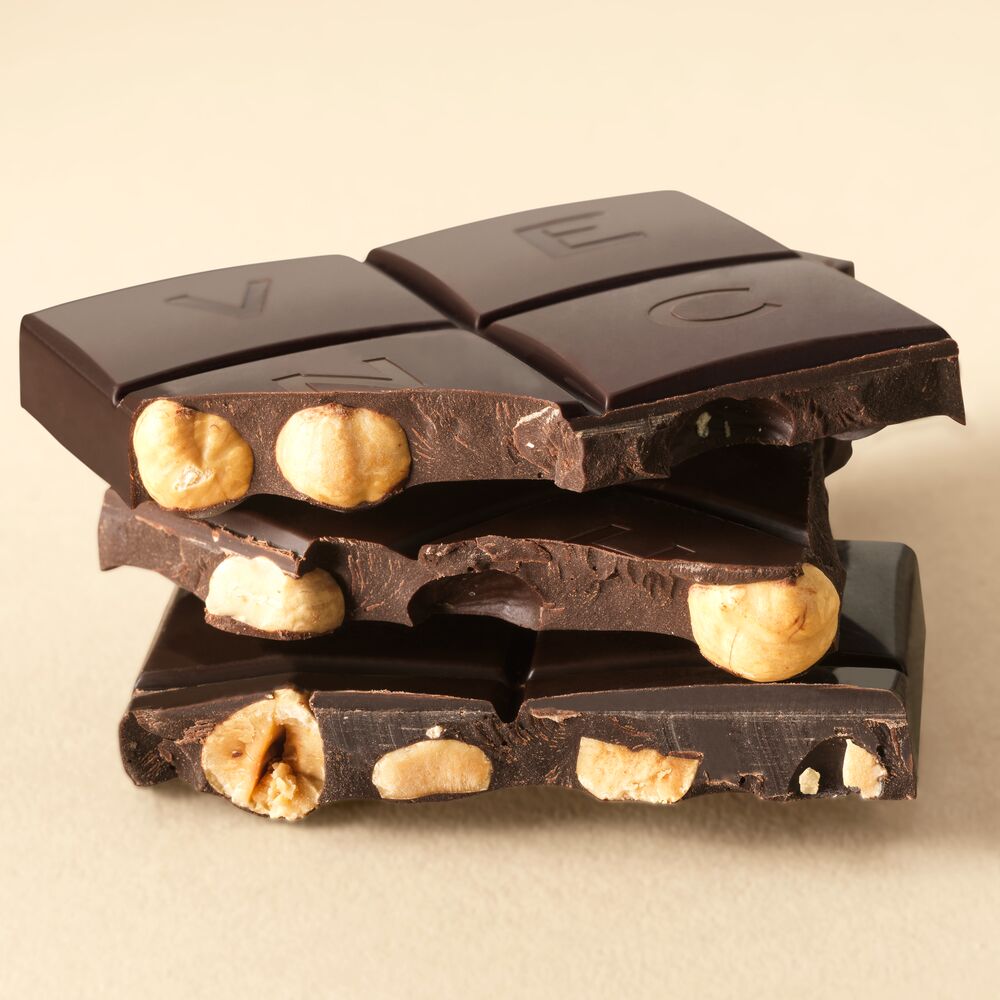 60% Dark Chocolate Bar with crunchy whole Piedmont Hazelnuts. Buy