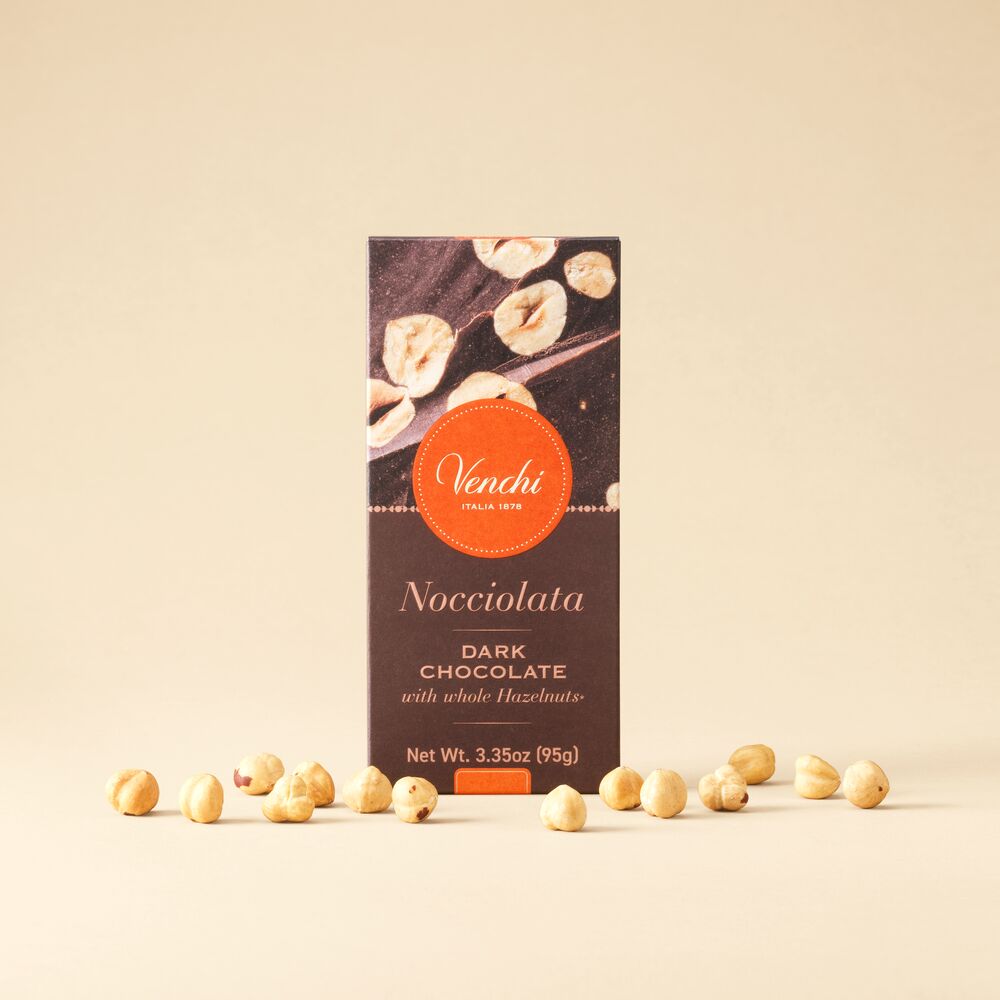 60% Dark Chocolate Bar with crunchy whole Piedmont Hazelnuts. Buy